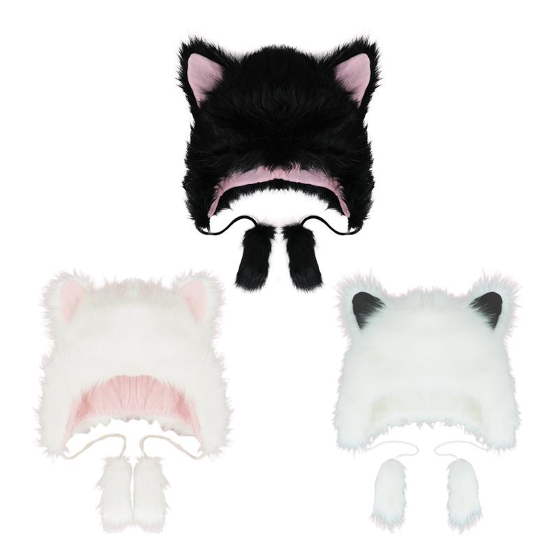 

Berets Cartoon Animals Ear Winter Hat Color Matching Furry Faux Fur Hats For Women Plush Keep Warm Cosplay Party Props, Black hair powder