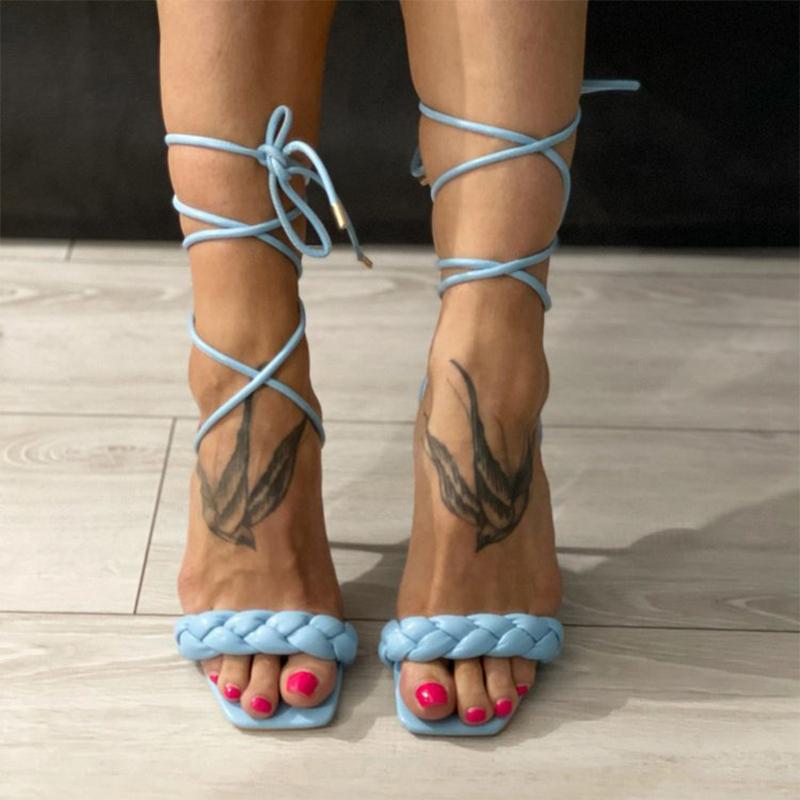 

Dress Shoes 2021 Women Square Toe Gladiator Sandals Woman Weave High Heels Female Lace Up Peep Ladies Summer Office Rome Big Size, White