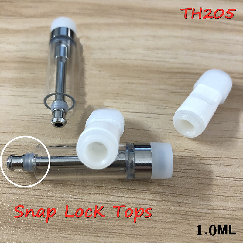 

Vape Cartridges Ceramic Coils Carts 510 Thread Atomizers Snap LOCK Tops Vapes Pen Cartridge E cigs Glass Tanks TH205 0.5ml 1.0ml for Thick Oil Delta 8 Cart Vaporizer
