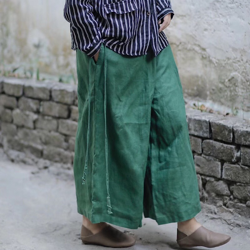 

Johnature Women Vintage Wide Leg Pants Solid Color Linen Trouser Elastic Waist Autumn Plus Size Women Clothes Casual Pants 210521, Red