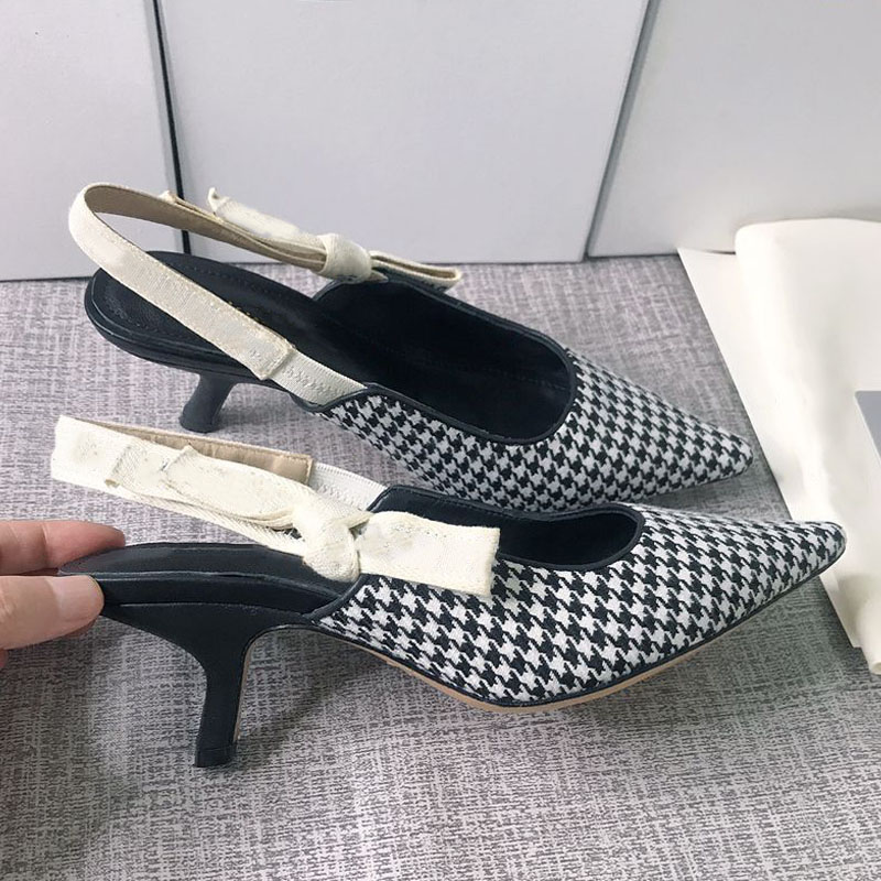 

Sandals European and American versatile spring autumn women's single shoes elastic band color matching back hollow pointed bow elegant high heels, Black