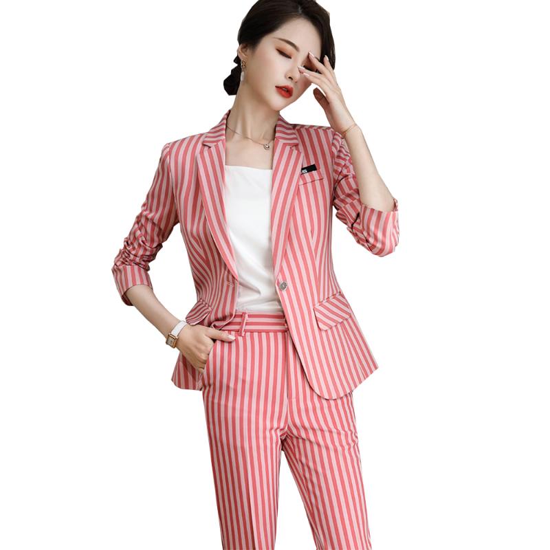 

Women' Two Piece Pants 2021 Women Office Lady Striped Pant Suits OL Blazer Jackets With Ankle Length Trouser Pink Khaki Black Pieces Set, Black pant suit