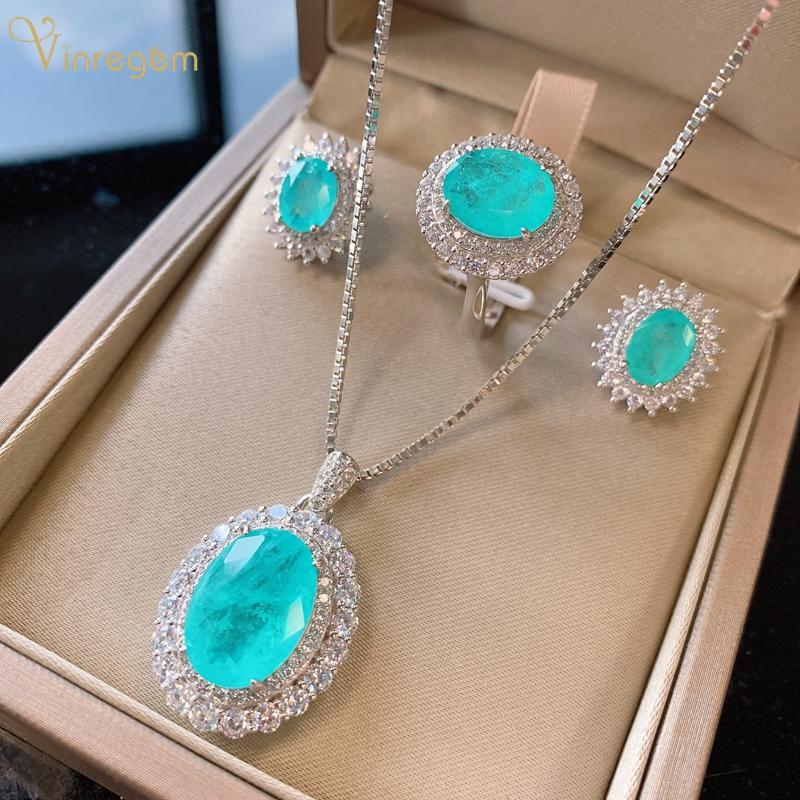 

Bracelet, Earrings & Necklace Vinregem 925 Sterling Silver Oval Paraiba Tourmaline Created Moissanite Rings/Earrings/Pendant/Necklace Weddin, Black