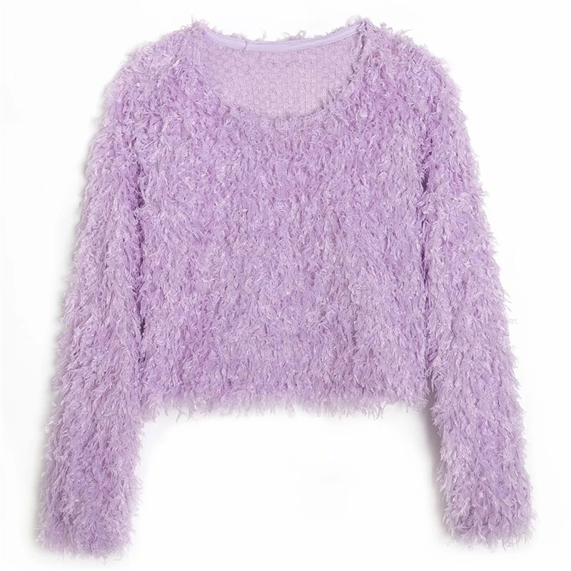 

Women Fashion Sweet Candy colors Lmitation Feather Decoration T-Shirt Female Round Neck Long-Sleeved Chic Top 210520, Pink