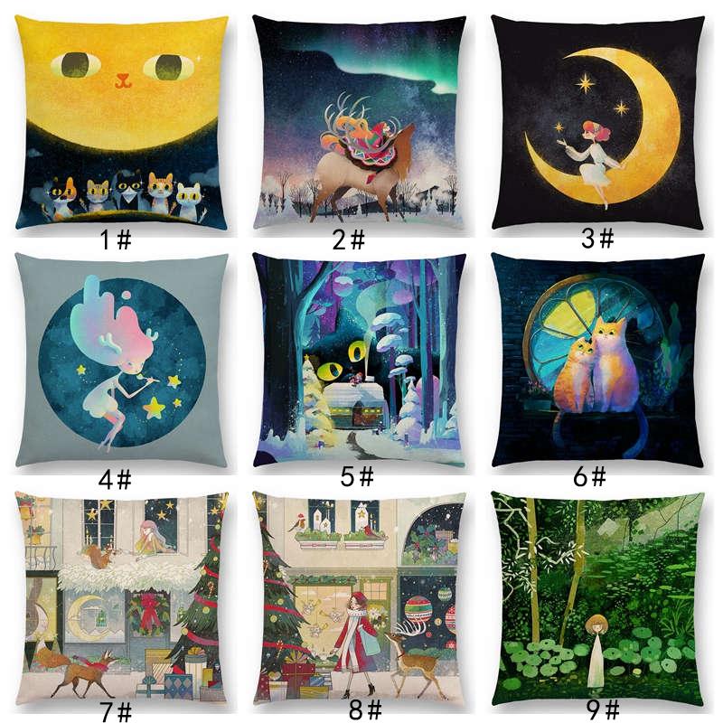 

Arrival Cute Cartoon Animals Little Cat Dream Elk Pretty Girl Magic Forest Shining Star Cushion Cover Sofa Throw Pillow Case Cushion/Decorat