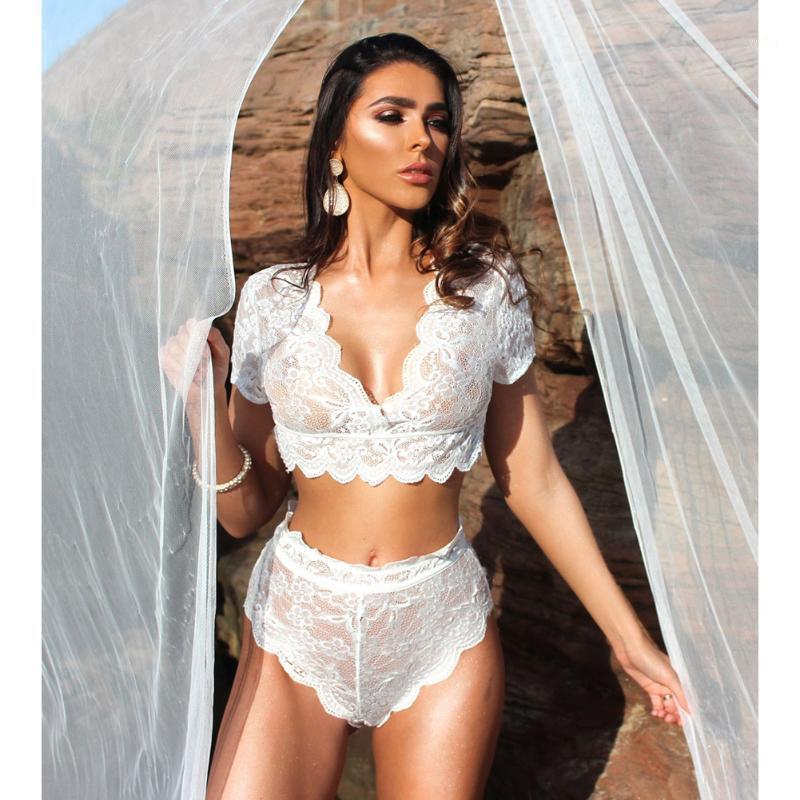 

Bras Sets Meihuida 2PCS Women See-through Lace Sexy Lingerie Nightwear Deep V Neck Bra Crop Tops High Waist Ruffles G-string Sleepwear, White