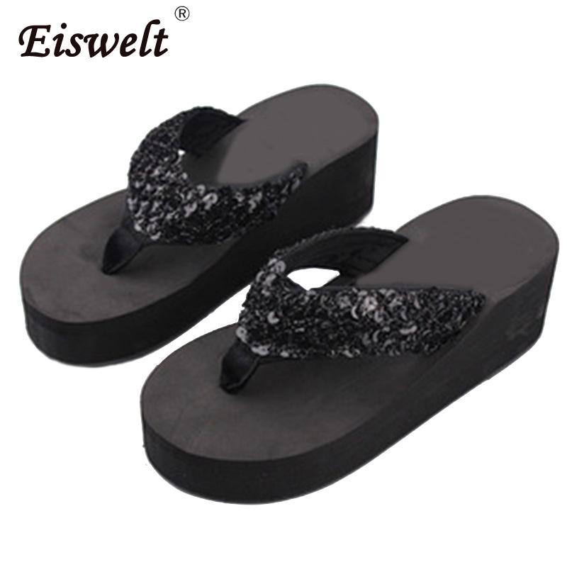 

Slippers EISWELT Summer Woman Sandalia Platform Wedges Feminina Flip Flop Plus Size Ladies Shoes Female Beach, Black
