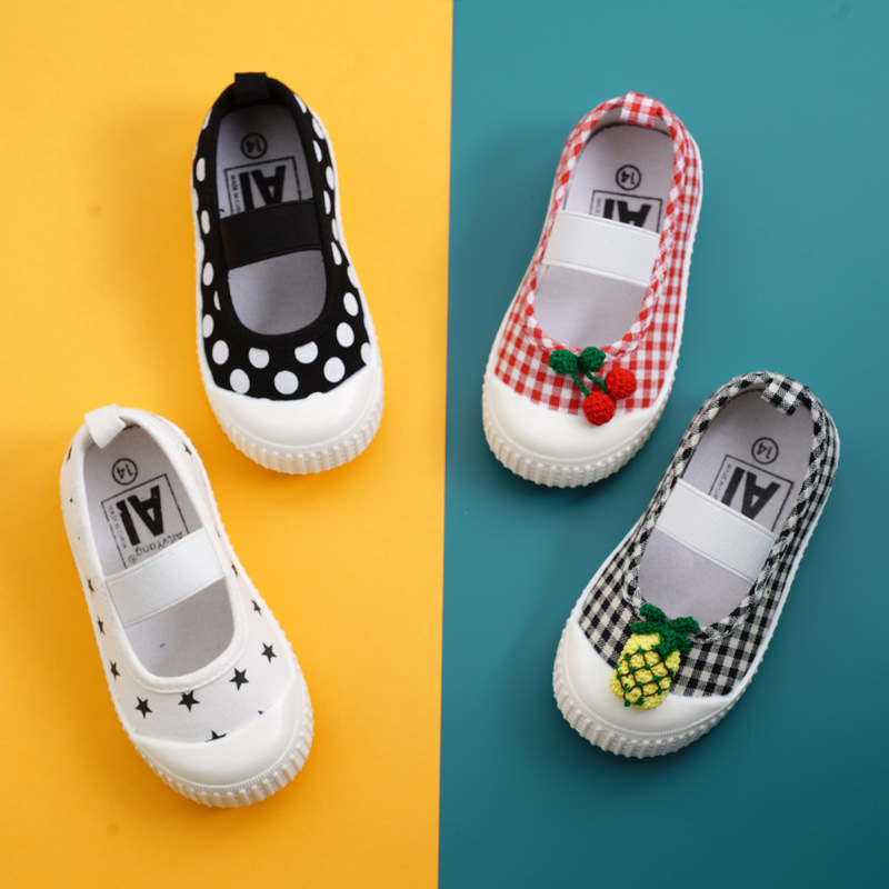 

Spring Summer Girls Square Mouth Shoes Toddler Childen Cherry Fruit Polka Dot Canvas Shoes Baby Toddler Kids Soft Bottom Flats