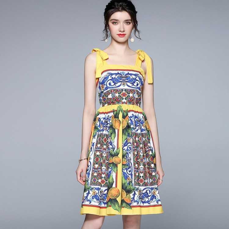 

Runway Summer Boho Dress Women's Bow Spaghetti Strap Backless Floral Print Casual Beach 210526, Photo color