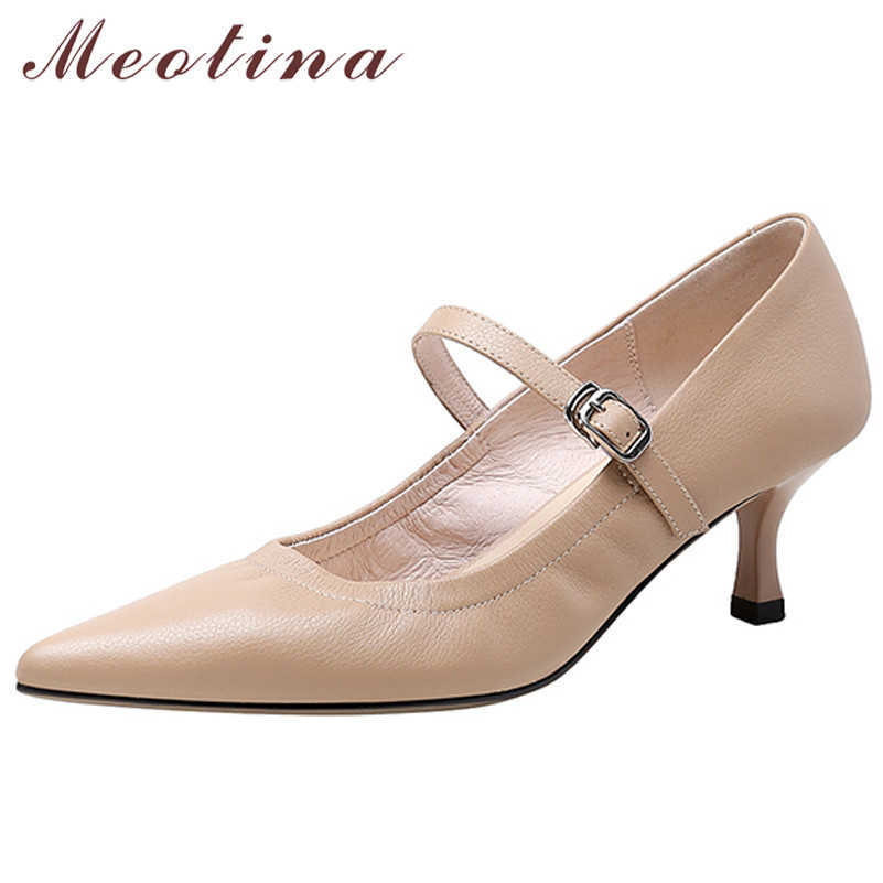 

Meotina Pointed Toe High Heels Natural Genuine Leather Mary Janes Shoes Women Pumps Buckle Stiletto Heel Female Footwear Apricot 210608, Black