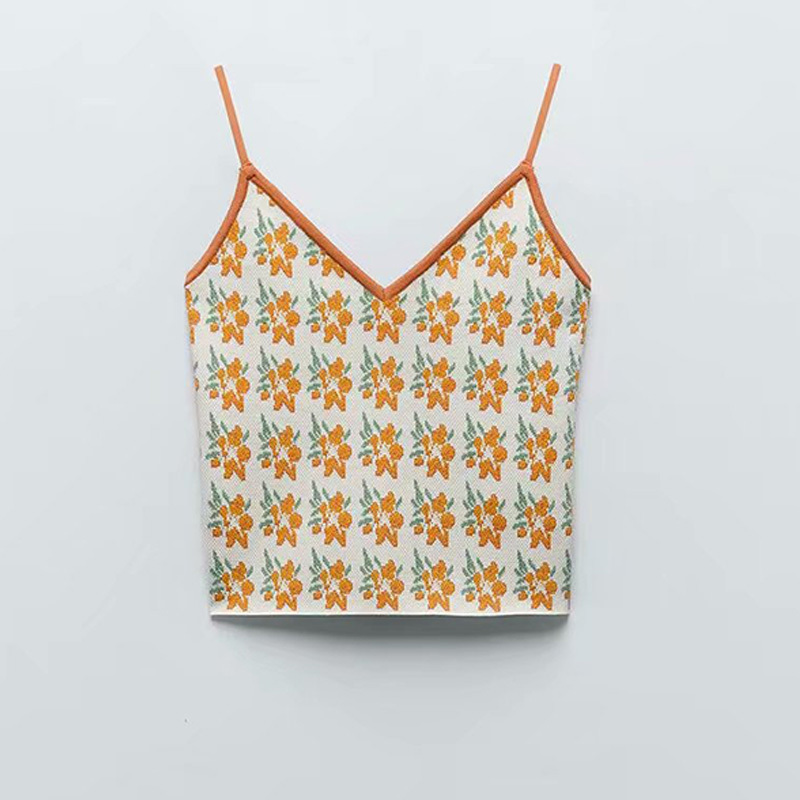 

Summer Women French Retro All-Match Sexy Self-Cultivation V-Neck Jacquard Short Female Knitted Sling 210520, Multi