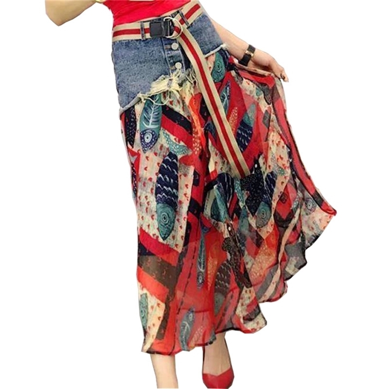 

Skirts Women Style Womens Clothes Elegant Party Skirt Print Fashion Casual Summer A-line Polyester Sashes Mid-calf 210629, Red