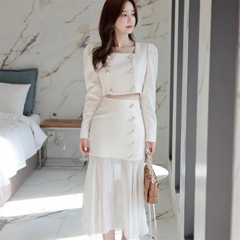 

Women 2 Piece Set Office OL Elegant Square Collar Long Sleeve Pearl double breasted Top+High waist Bodycon Midi Skirt Outfits 210519, Photo color
