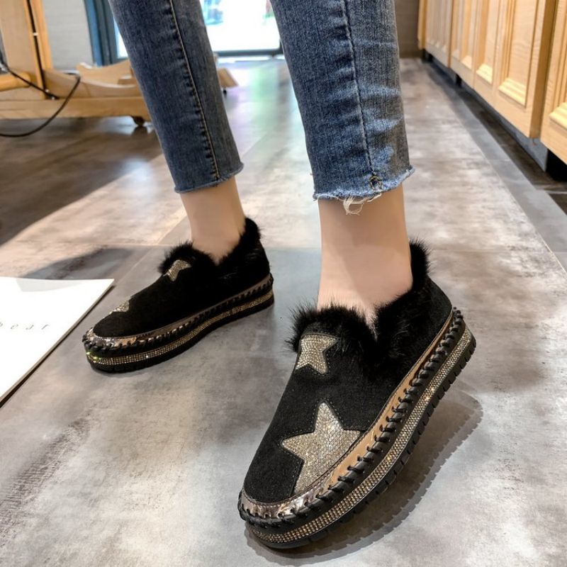 

Dress Shoes Winter Women Fashion Pu Splicing Five Pointed Star Sequin Decorative Thick Bottom Casual One Foot XM389 N0P8, Black