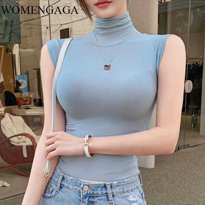 

WOMENGAGA Mesh Lace Sexy Elasticity Korea Purchased T-shirt Transparent Turtleneck Base Sleeveless Tops GDS2 210603, Peach