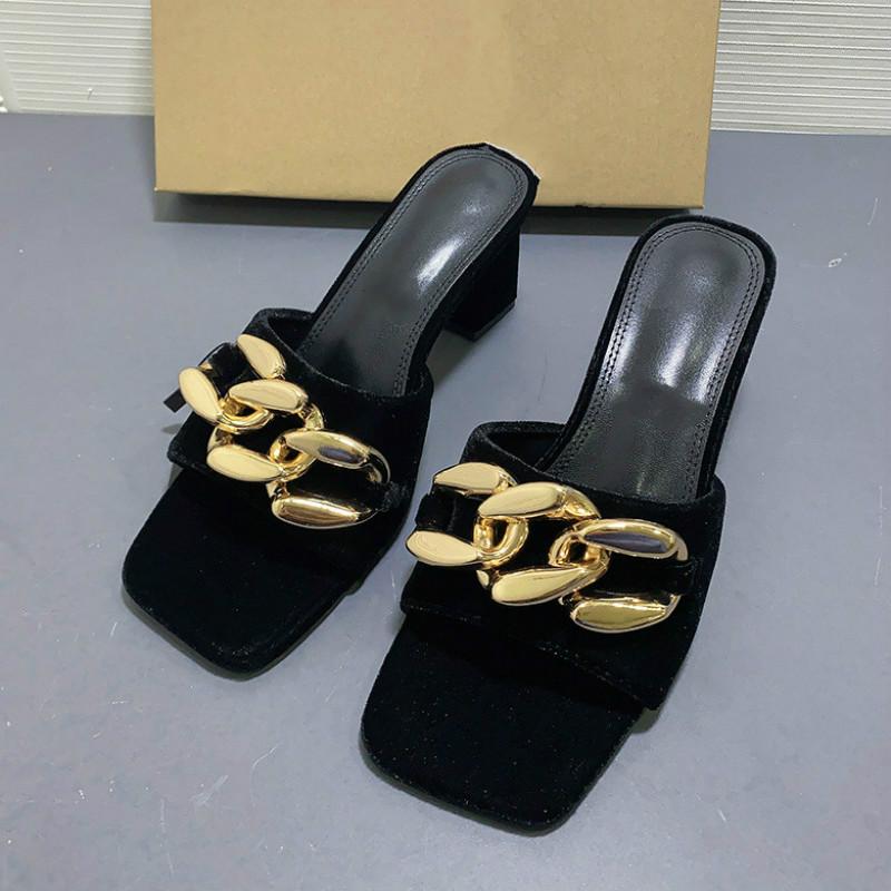 

High Heels Women Sandals Summer Black Chain Decorated Velvet Thick-heeled Square Toe Shoes Woman Large Size Sandalias Mujer