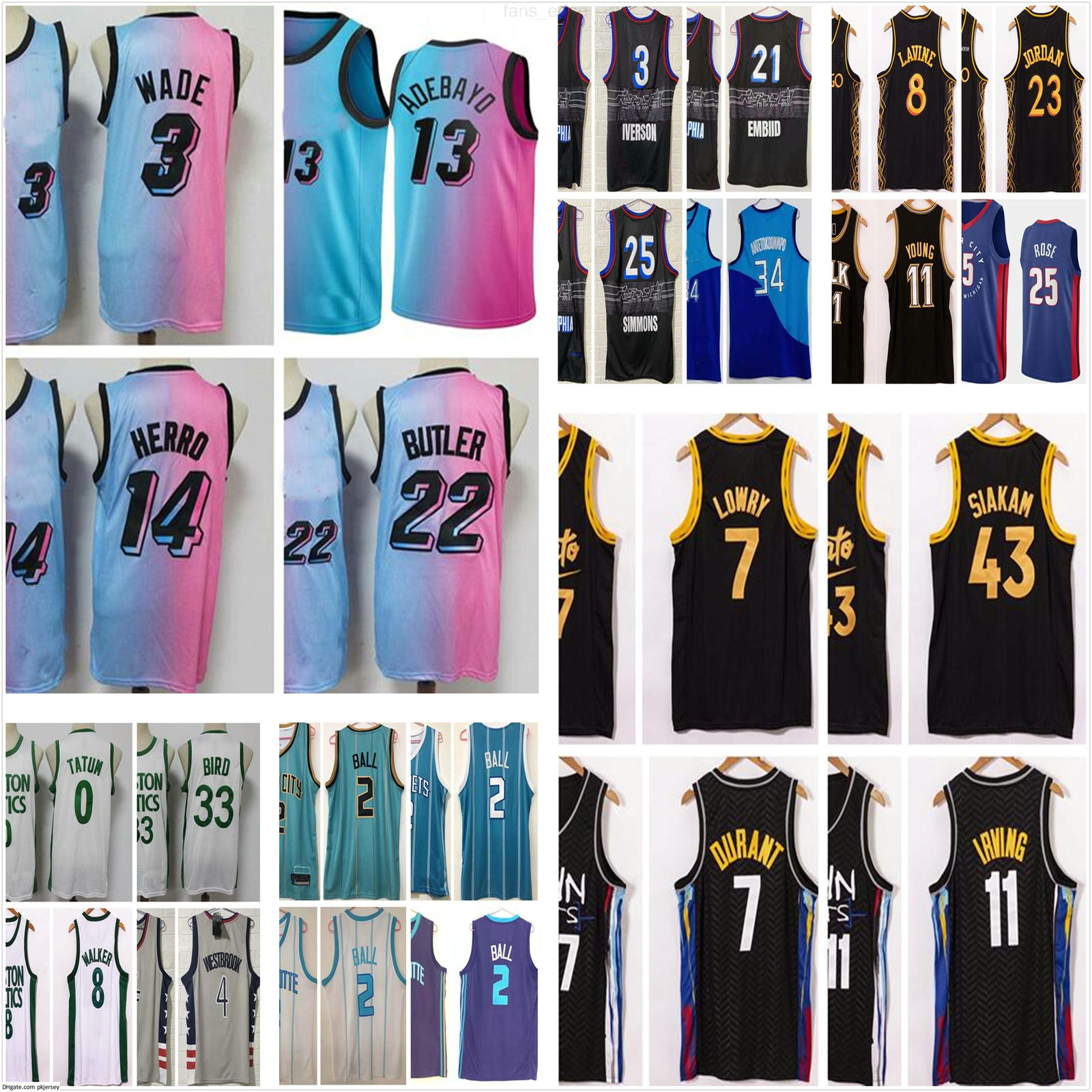 

NCAA 2020 2021 New Westbrook Kyle Lowry Zach LaVine Derrick Rose Pascal Siakam Butler Durant Irving Young Embiid Men Basketball Jerseys, Black;red