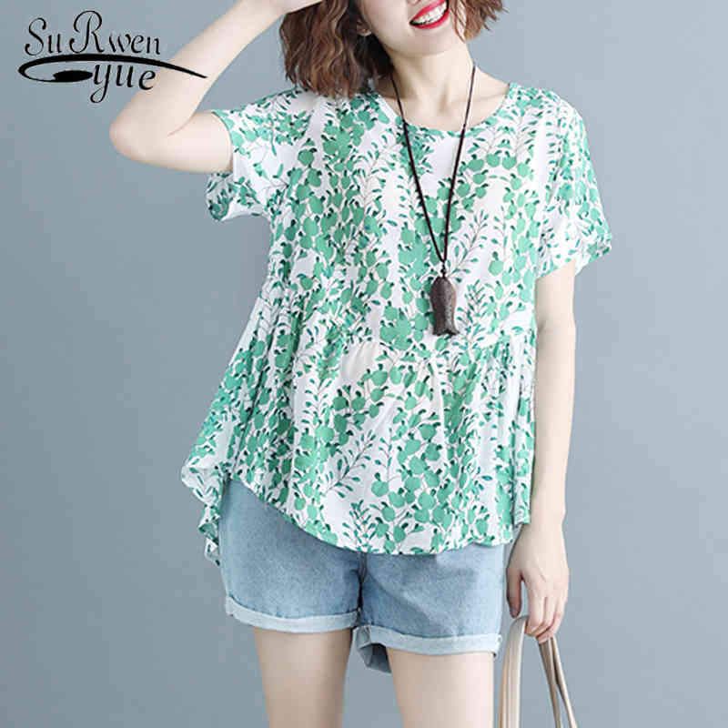 

summer cotton women blouse shirt casual plus size women's clothing print o-neck ladies tops short sleeve blouses 0304 40 210521, Yellow