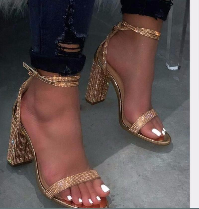 

Dress Shoes Sexy High Heels Women Pumps Gold Rhinestone Ladies Classic 37-41 Buckle Strap Sandals, Black