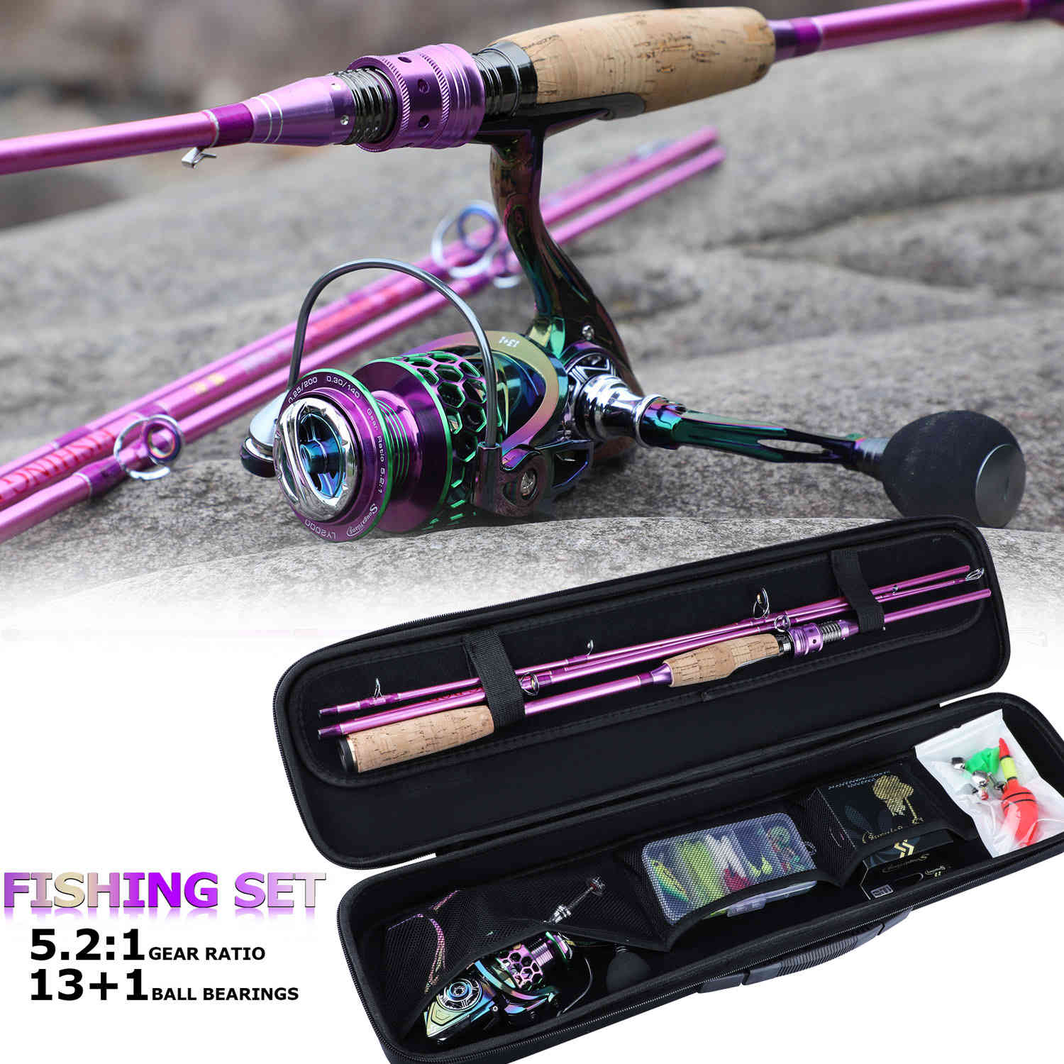 

Sougayilang Rod Combo Reel and Spinning Rods Fishing Line Lure Bag Hooks Float Full Set