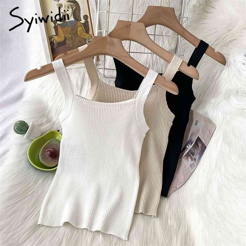

Screw Thread Camis for Women Casual Sexy Tops Knitted Solid White Black Blue Tank Summer Fashion Clothing 210607