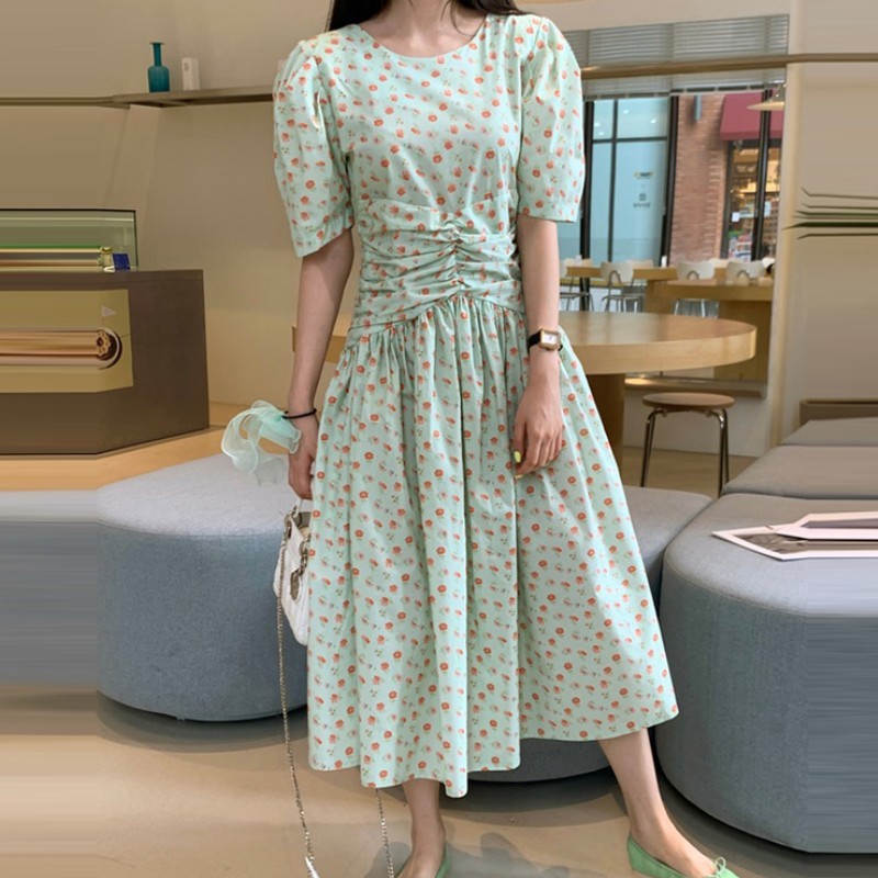 

Summer Boho Dress Women Floral Vestidos Elegant Korean Puff Sleeve Ruched Casual Slim Beach Dress Robe 210518, Photo color