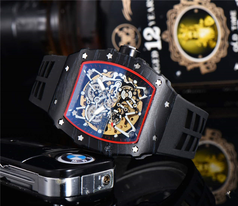 

2021 High Quality luxury Mens Watch three stitches automatic mechanical watches richard brand Fashion Tonneau shape Pin buckle Rubber strap, 12