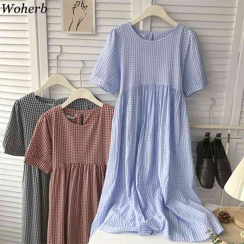 

Summer Plaid Dress Women Casual All Match Girls Vestidos Elegant Korean Style es Robes Sweet 210519, Light blue