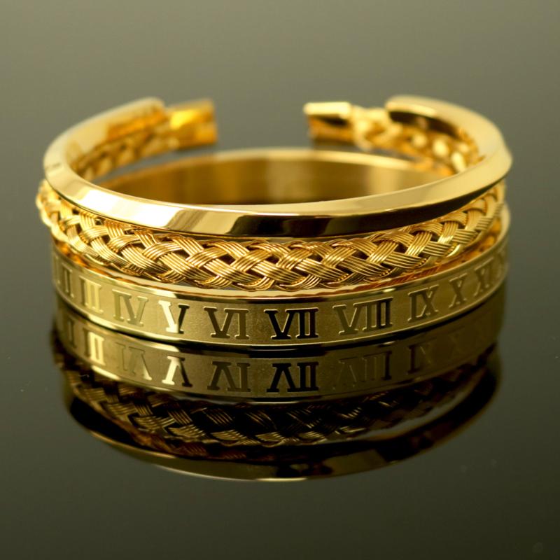 

3pcs/set Luxury Roman Number 316L Stainless Steel Wristband Braiding Bangles Opening C Shaped Cuff Bracelets For Men Bangle