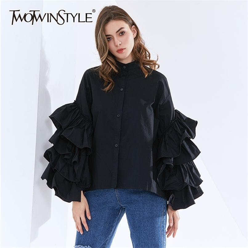 

Patchwork Ruffle Women's Shirt Stand Collar Lantern Sleeve Casual Elegant Blouse Female Fashion Clothing Autumn 210524, White