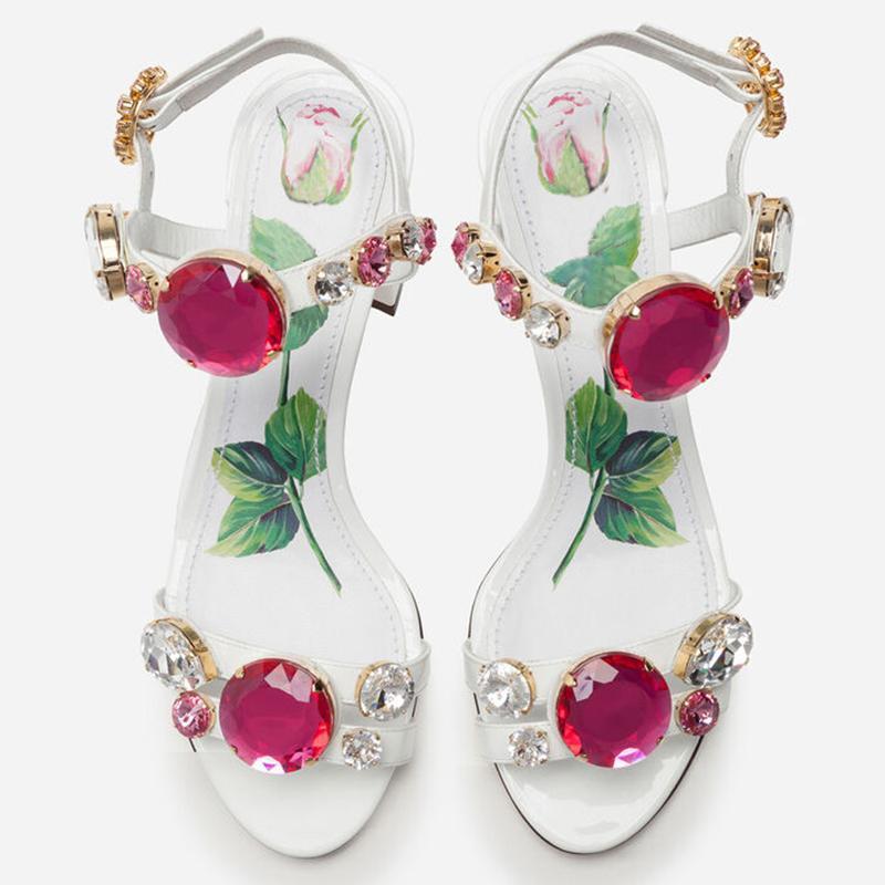 

Dress Shoes Summer Style Fashion Women's Sandals White Flowers Printed Crystal Jewelry Chunky High Heels Party Bridal Wedding, 10cm