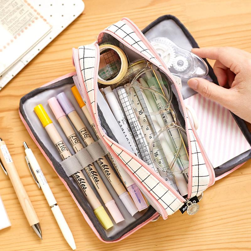 Pencil Bags Large Capacity Case Grid Canvas Pencilcase Student Pen Holder Supplies Bag School Box Pouch Stationery-image-735127342