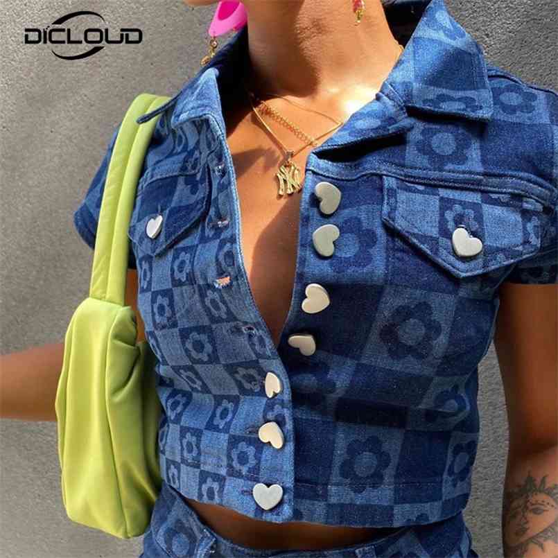 

90s Vintage Retro Girls Denim T Shirt Women Summer Plaid Floral Print Skinny Crop Tops Harajuku Punk Street Fashion Tshirts 210708, Floral t shirt