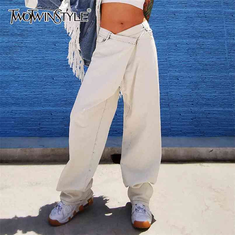 

TWOTIWNSTYLE Asymmetric Waist Jeans For Women High Long Length Streetwear Casual Loose Denim Pants Female Autumn 210521, White