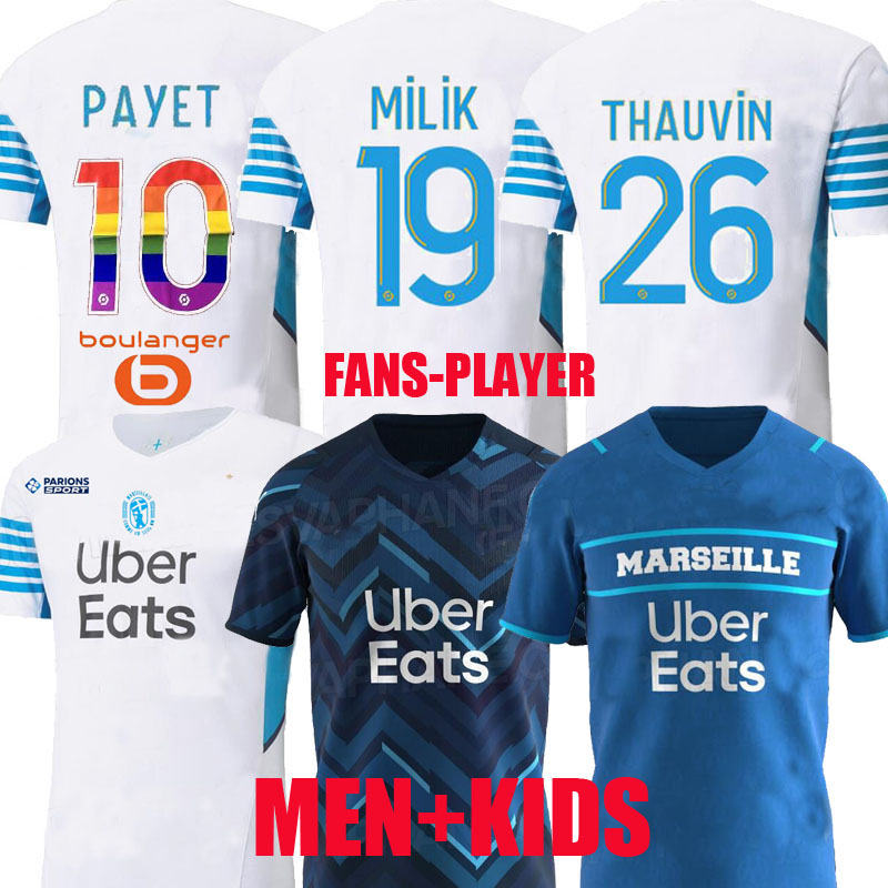 

21 22 Marseille Soccer jerseys Olympique milik maillot de foot om 2021 2022 player version PAYET THAUVIN BENEDETTO MEN KIDS rainbow numbers Sponsor football shirt, Home 2