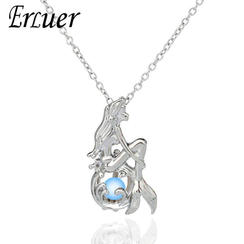 

Pendant Necklaces ERLUER Pretty Mermaid Luminous For Women Bead Glow In The Dark Silver Plated Fashion Necklace Halloween Gift