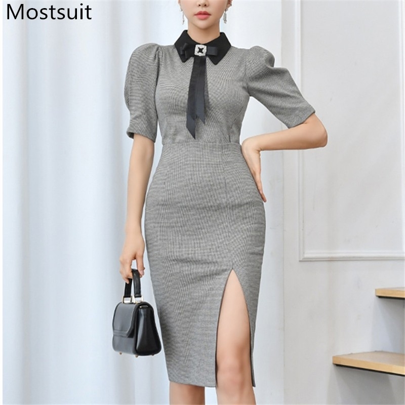 

Korean Plaid Two Piece Set Oufits Women Puff Sleeve Tops + High Waist Pencil Splitting Skirt Suits Elegant Office Ladies 210518, Grey