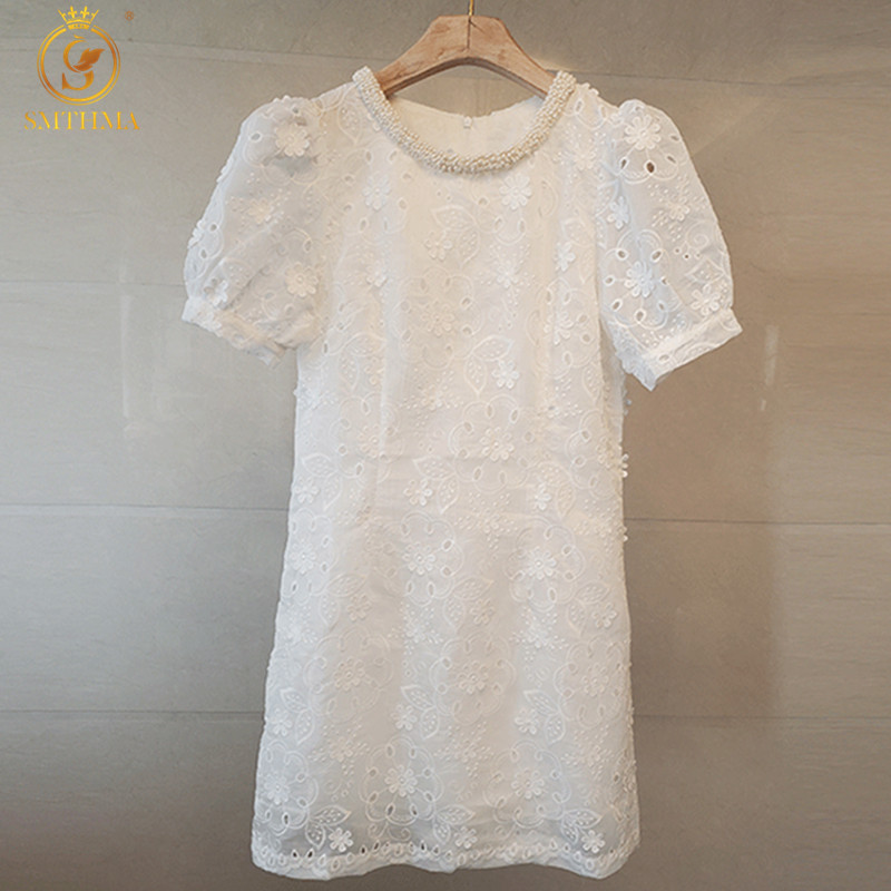 

Fashion Sweet Puff Sleeve Beaded Round Neck Summer Dress French Style Embroidered Flowers Runway 210520, Picture color