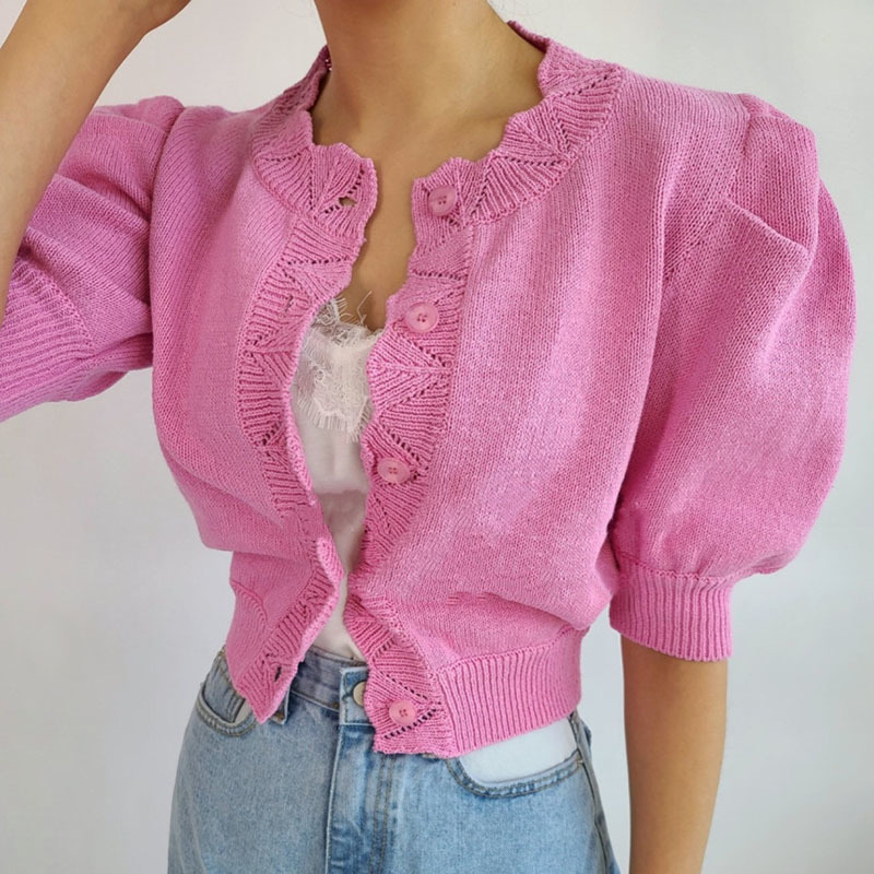 

Lucyever Button Up Puff Sleeve Knitted Cardigan Women Summer Casual Streetwear Thin Sweater Woman Short Sleeves Vintage Cardigan 210521, Yellow