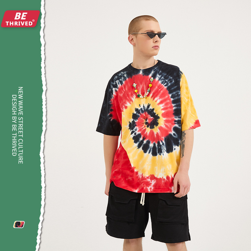 

be men's wear new multi color vortex tie dye short sve vibe fenggao street hip hop loose fashion t-shirt, White;black