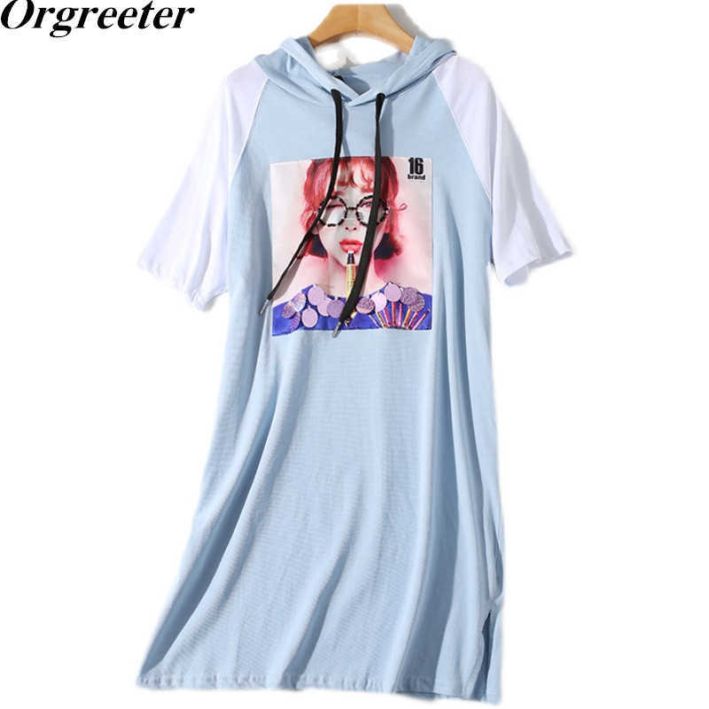 

High Quality Handmade beading Brand Long Tshirt Dress Women Fashion Hooded Appliques Straight Casual MIni 210525, White