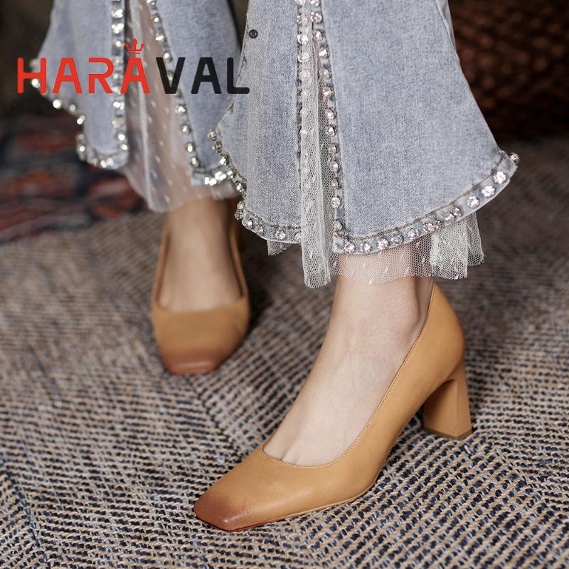 

Dress Shoes HARAVAL Women Pumps Fashion Office Career Thick Heels Elegant Black Brown Genuine Leather Spring Autumn A80