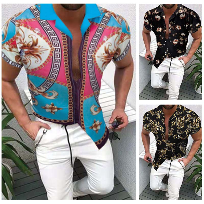 

Printed Mens Shirts Casual Sim Fit Hawaiian Summer Beach Short Sleeve Button Up Tops Male High Quality Vintage Clothes, C008