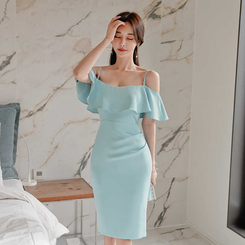 

Sky Blue Dress for women Summer Off shoulder korea ruffle Sleeveless OL Sling Sexy Ladies office bodycon Midi Dresses 210602, The picture color