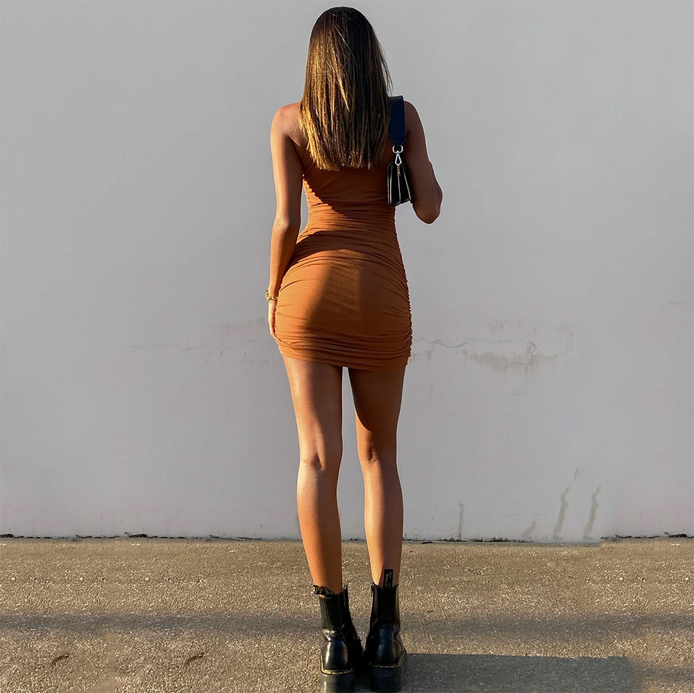 

2021cryptographic casual ruched mini dresses for women 2021 fashion club party sleevelss solid summer dress bodycon elegant clothes, Black;gray