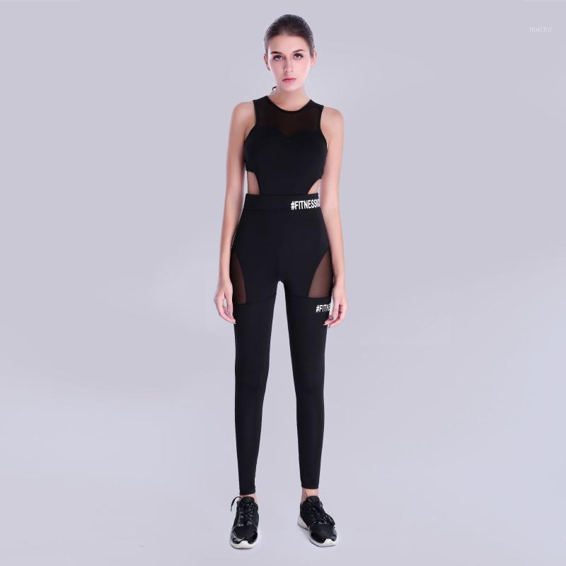 

Jumpsuit Rompers One Piece Set Crop Top Letter Mesh Stitching Breathable Sports Workout Fitness Clothes Tracksuit Femme 2021 Yoga Outfit, Black