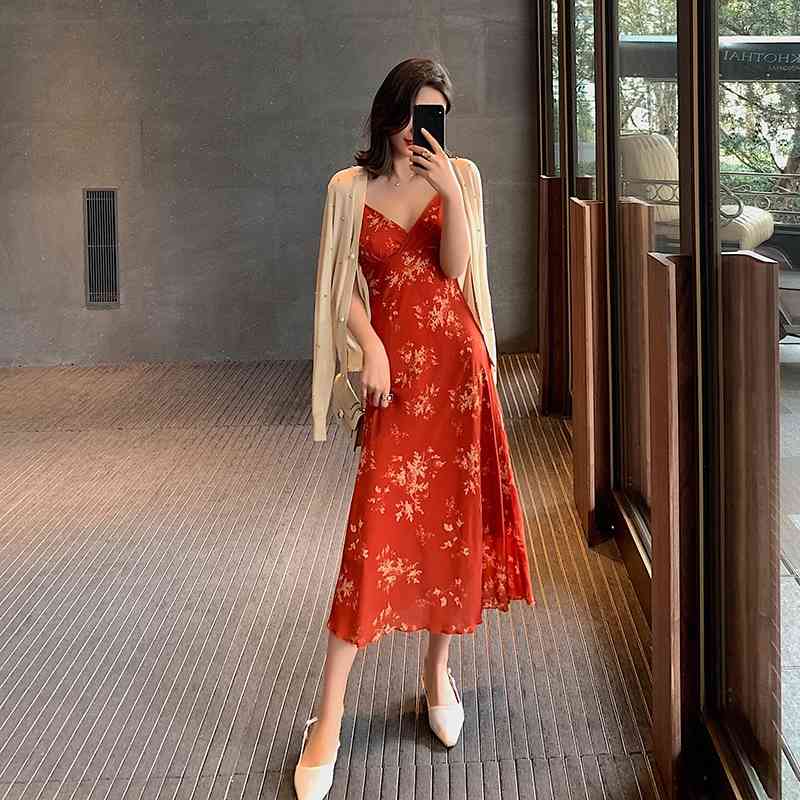 

Women Summer Dress Floral Print Beach Red Fashion Boho es Ladies Vintage Party Vestidos High Qulity 210608
