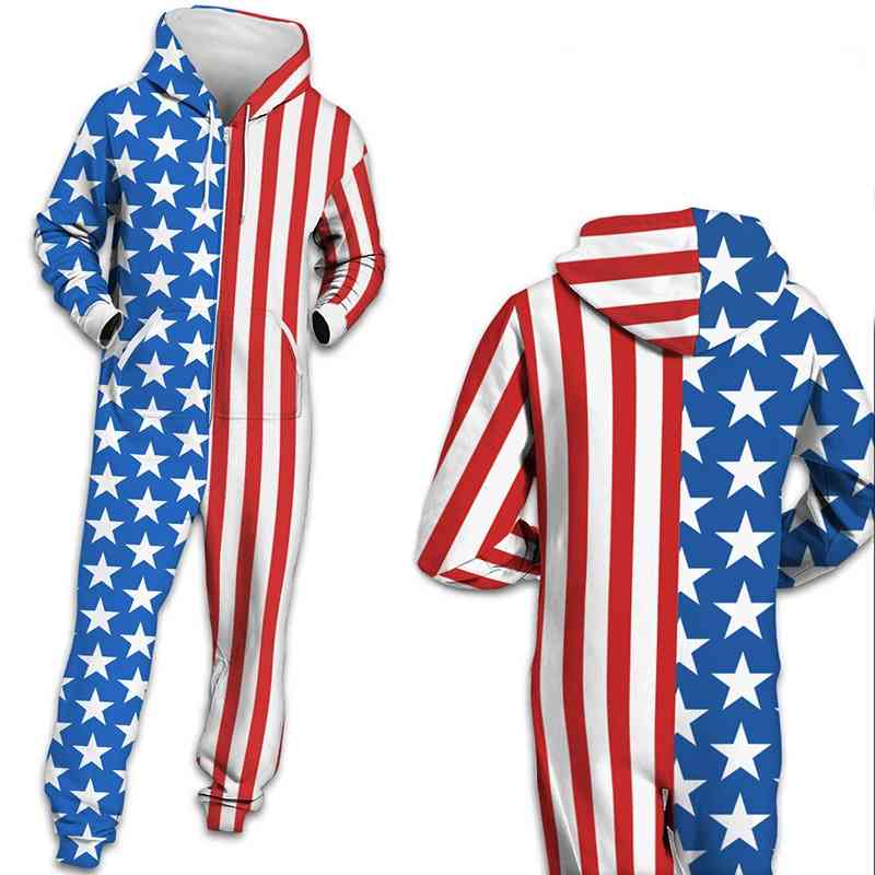 

2021 US flag independence day digital printing couple fleece hooded LONG SLEEVE BODYSUIT Jumpsuit loose pants, Black;gray