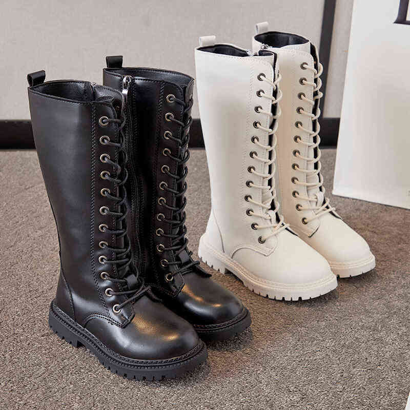 

Girls Long Boots Children Motorcycle High Zipper Fashion Classic Black White Autumn Winter Kids Rubber 211108