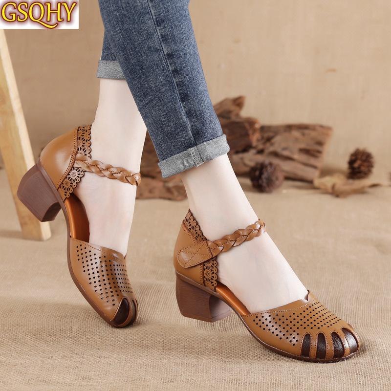 

Summer Soft Bottom Flat Genuine Leather Women Shoes Sandals Retro Handmade Flower For Monther, Black